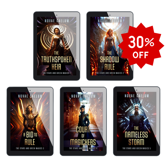 A bundle set of 5 e-books by Novae Caelum advertised as "The Stars and Green Magics Ebook Bundle". Red starburst banner advertises discounted price of 30% off retail price.