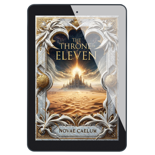 A tablet displaying the cover of the book "The Throne of Eleven" by Novae Caelum, featuring a city framed against the sand, inside an ornate gold and white marble border.