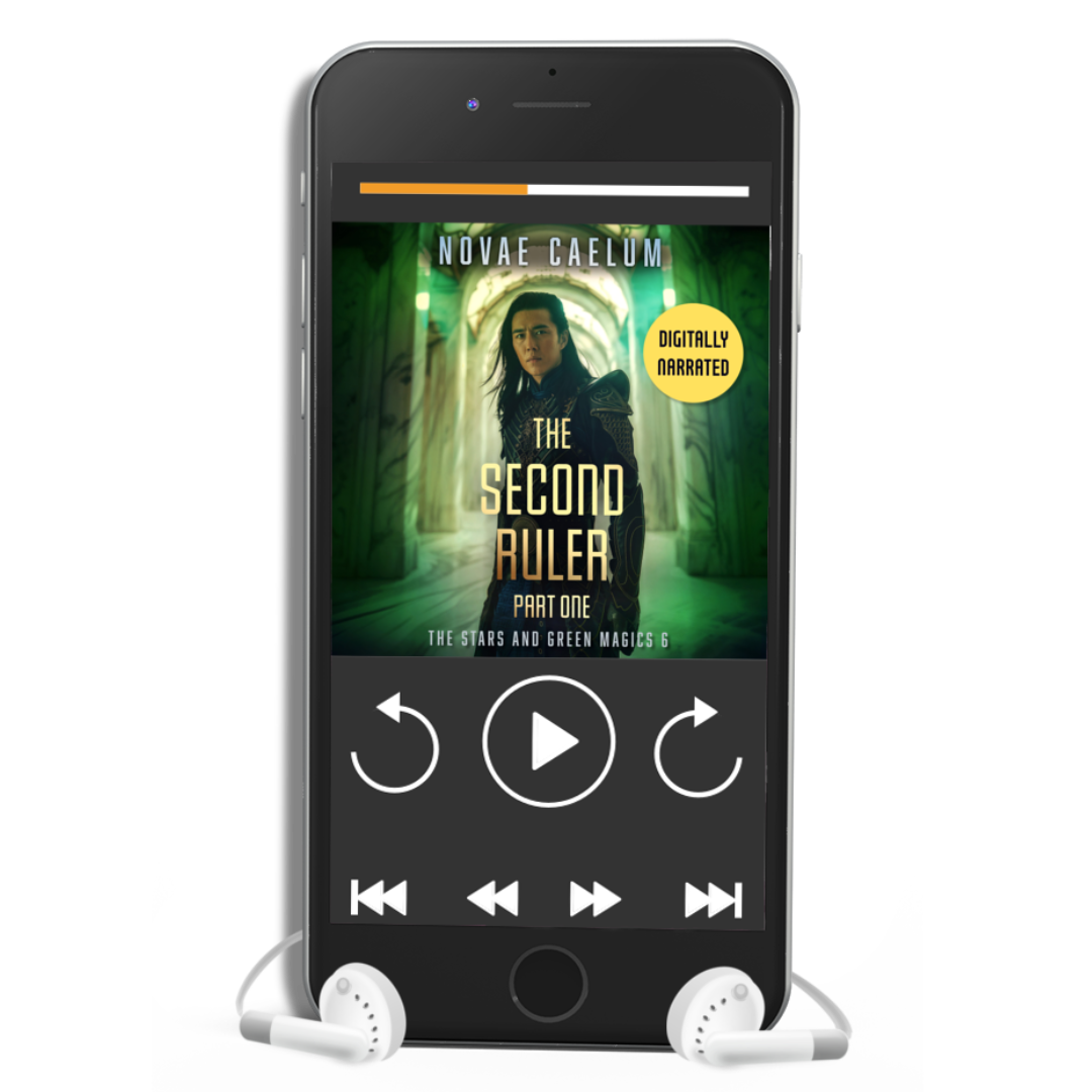 A smartphone with wired headphones displaying the cover of the book "The Second Ruler: Part One: The Stars and Green Magics - Book 6" by Novae Caelum, featuring an image of a man of East Asian descent wearing intricate scifi clothing in a glowing green marble corridor.