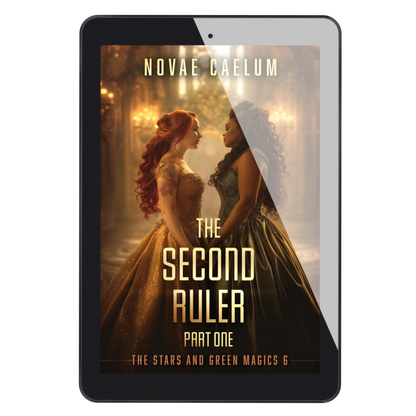 A tablet displaying the cover of the book "The Second Ruler: Part One: The Stars and Green Magics - Book 6" by Novae Caelum, featuring an image of a lesbian couple, one white with long red hair the other Black with long brown hair holding hands while facing each other. Banner text reads: Variant Cover