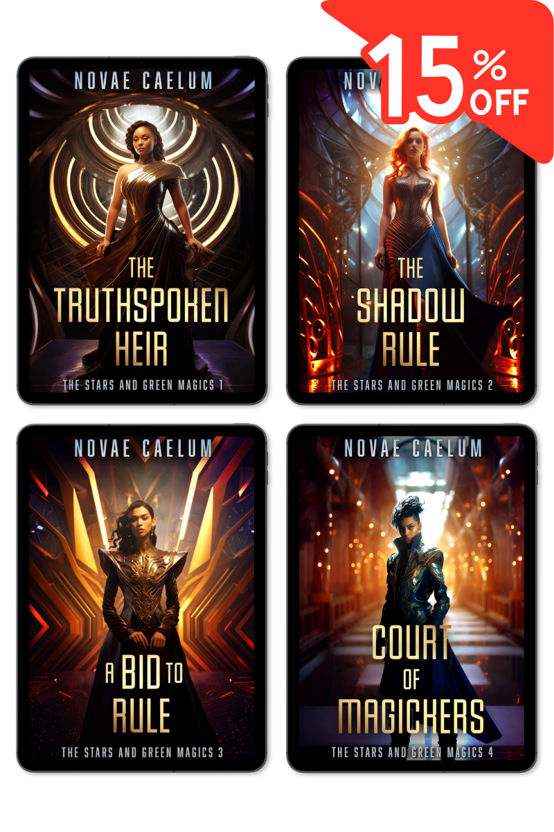 Four covers for the Novae Caelum Stars and Green Magics Ebook Bundle (Books 1-4) in the royal calumni series.