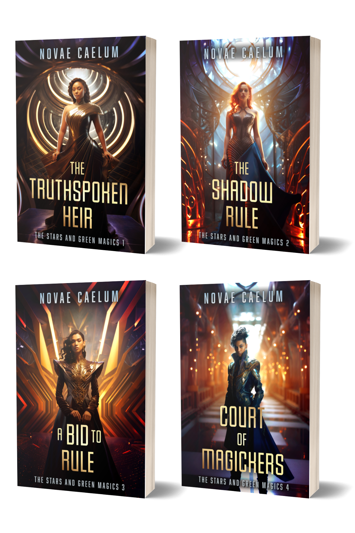 Four Novae Caelum book covers showcasing the captivating world of the Shadowshade trilogy, where shapeshifters and space magic collide in an interstellar kingdom.
