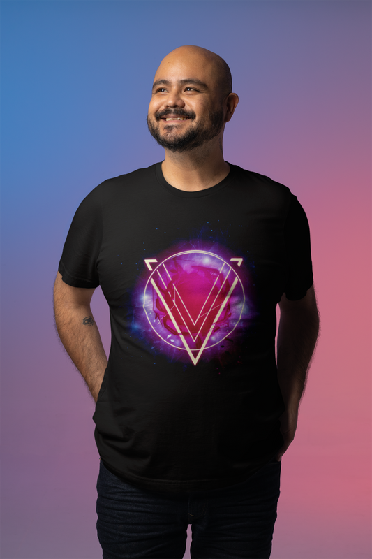 Mockup of a bearded man smiling and wearing a black t-shirt while standing in front of a color gradient background; the shirt image displays a pink and purple circle with a large V superimposed over it. The image is titled "The Rings of Vietor Band Logo".