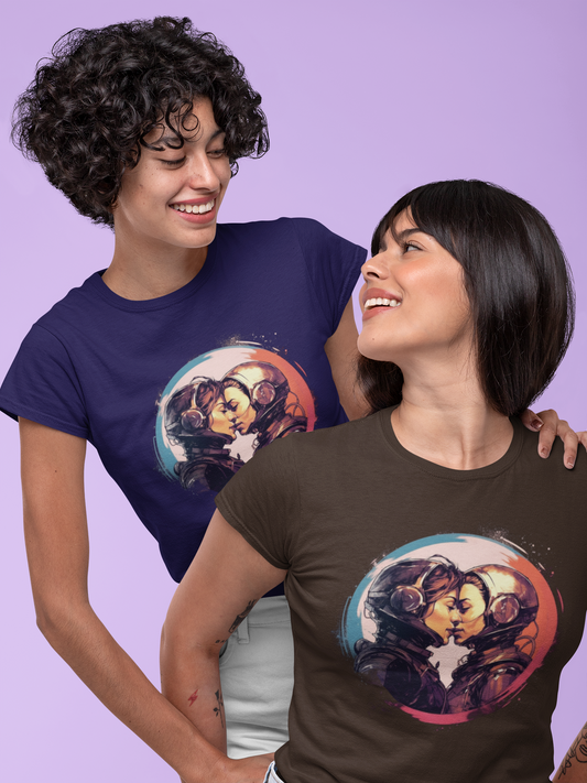 Mockup of a playful couple wearing matching t-shirts; the shirt displays two futuristic, sapphic astronauts kissing outlined in red-and-blue bordered circle.