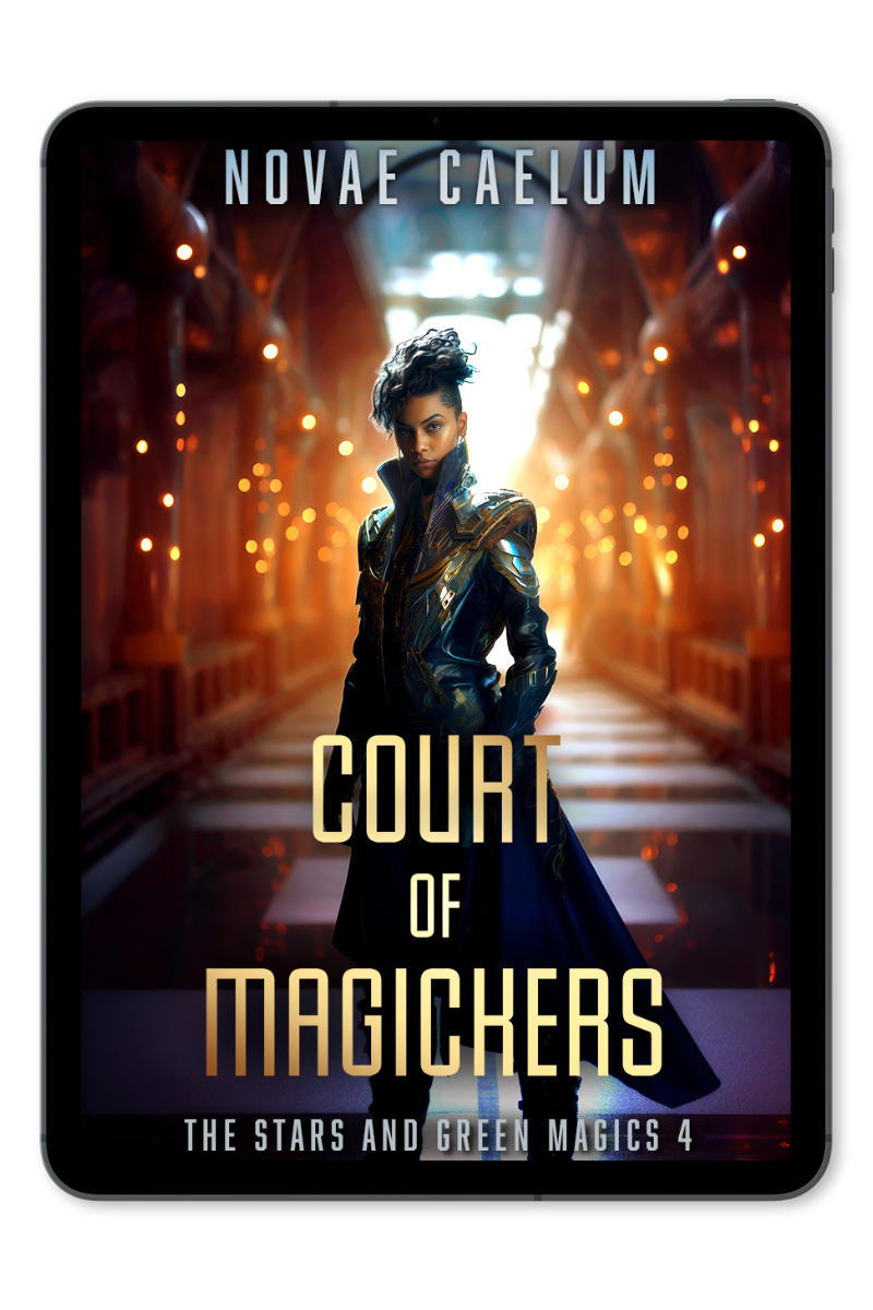 Court of Magickers: The Stars and green Magics 4 by Novae Caelum. An androgynous person with brown skin and a blue undercut glares at the camera in a glittering palace hall