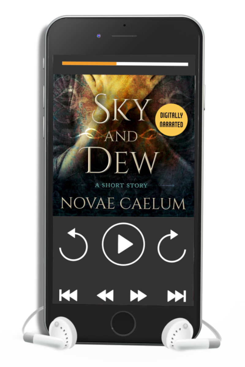 Smartphone displaying Novae Caelum's "Sky and Dew: A Short Story" AI Audiobook app with earphones connected, enriched with Hallows magic.