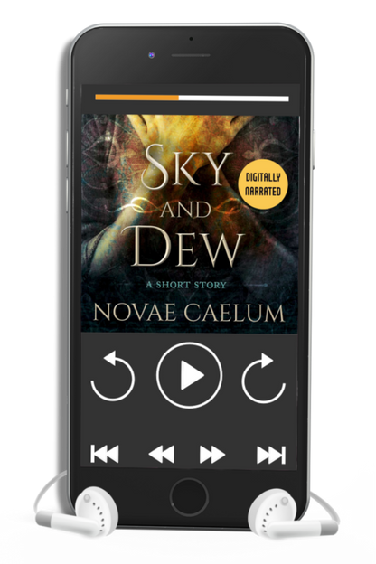 Smartphone displaying Novae Caelum's "Sky and Dew: A Short Story" AI Audiobook app with earphones connected, enriched with Hallows magic.