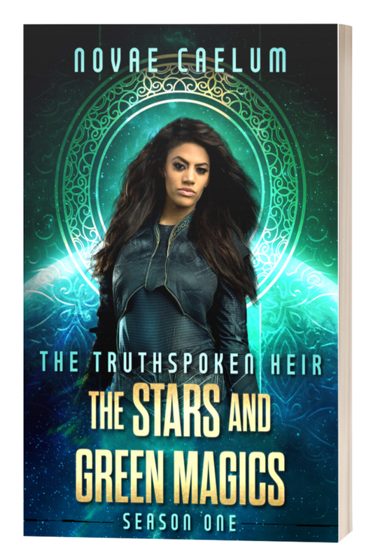 Paperback book. Text reads: The Truthspoken Heir: The Stars and Green Magics Season One by Novae Caelum. A woman with medium brown skin and long dark hair wearing a futuristic black outfit stands inside a regal circle against a background of a glowing planet with stars.