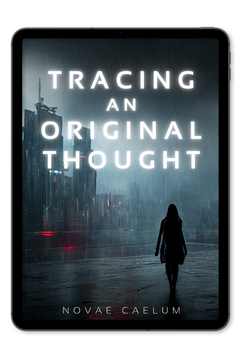 A book cover on a tablet. Tracing an Original Thought by Novae Caelum. A woman in shadow stands silhouetted in the rain against a grungy, cyberpunk city.