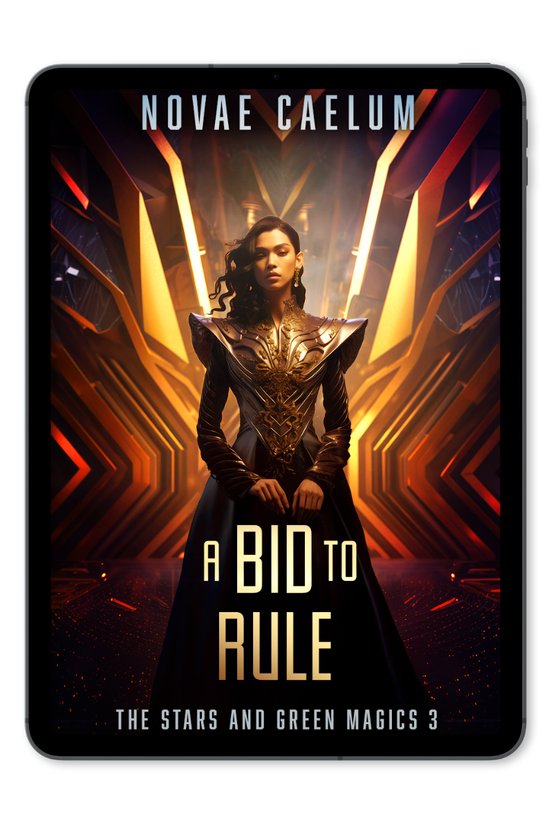 A Bid to Rule: The Stars and Green Magics 3 by Novae Caelum. A genderfluid person with long dark hair and wearing an elegant gown stands in front of a vivid geometric scifi wall